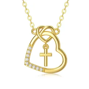 14K Real Gold Heart Necklace for Women,God in My Heart Faith Hope Love,Yellow/White Gold Cross Heart Pendant Necklace with Cubic