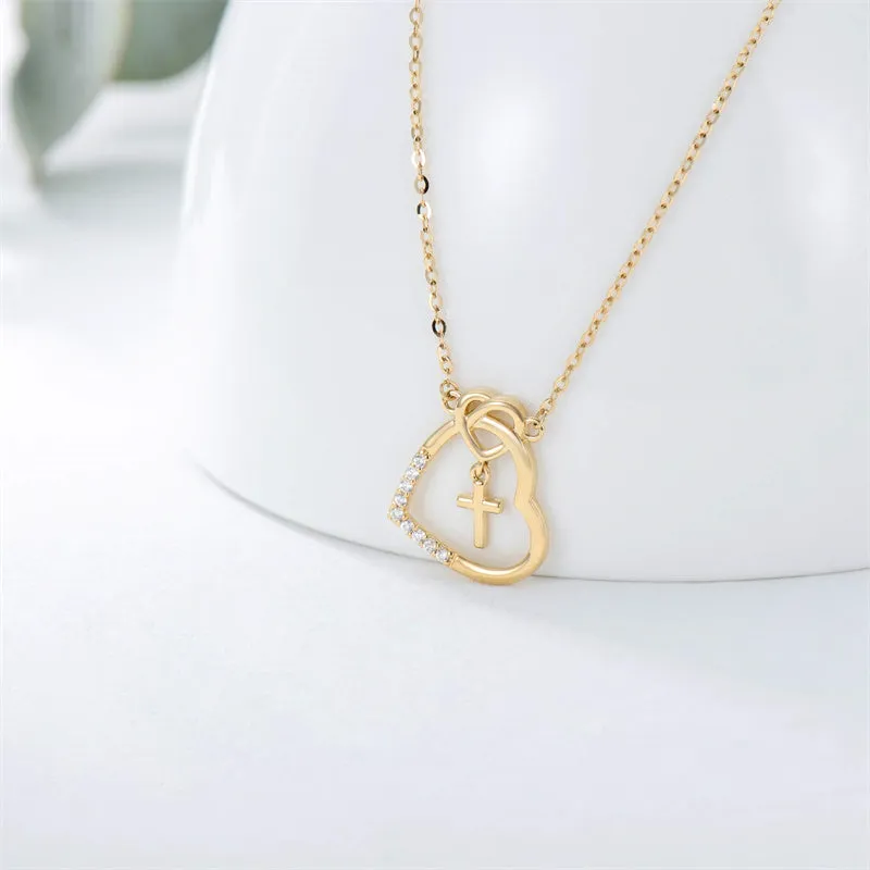 14K Real Gold Heart Necklace for Women,God in My Heart Faith Hope Love,Yellow/White Gold Cross Heart Pendant Necklace with Cubic