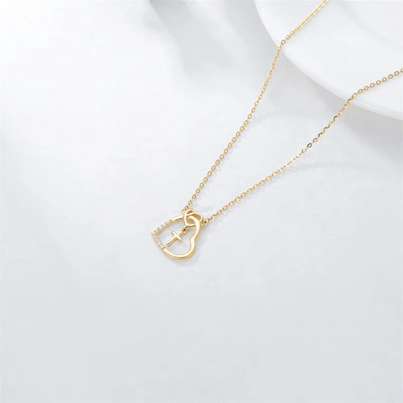 14K Real Gold Heart Necklace for Women,God in My Heart Faith Hope Love,Yellow/White Gold Cross Heart Pendant Necklace with Cubic