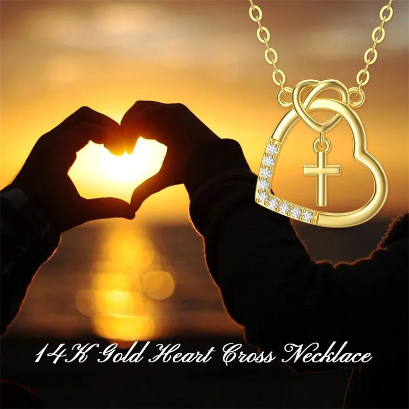 14K Real Gold Heart Necklace for Women,God in My Heart Faith Hope Love,Yellow/White Gold Cross Heart Pendant Necklace with Cubic