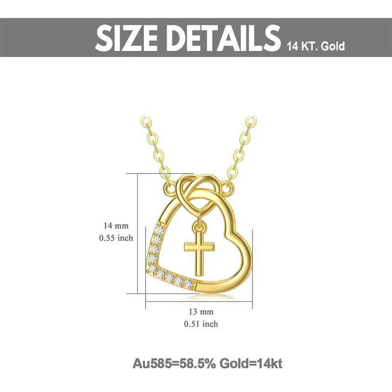 14K Real Gold Heart Necklace for Women,God in My Heart Faith Hope Love,Yellow/White Gold Cross Heart Pendant Necklace with Cubic