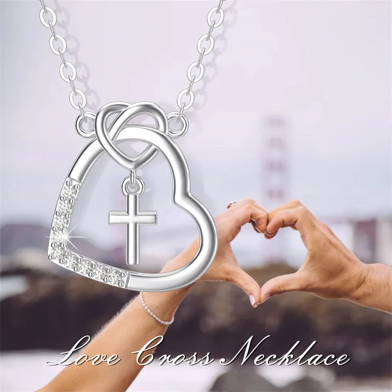 14K Real Gold Heart Necklace for Women,God in My Heart Faith Hope Love,Yellow/White Gold Cross Heart Pendant Necklace with Cubic