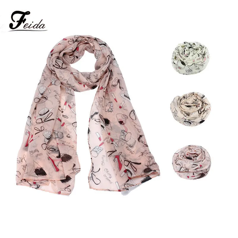 3 Colors Scarf For Women Lipstick High-heeled Graffiti Bowknot Chiffon Scarves Feida