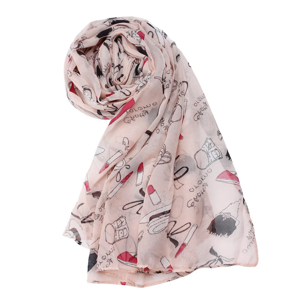 3 Colors Scarf For Women Lipstick High-heeled Graffiti Bowknot Chiffon Scarves Feida