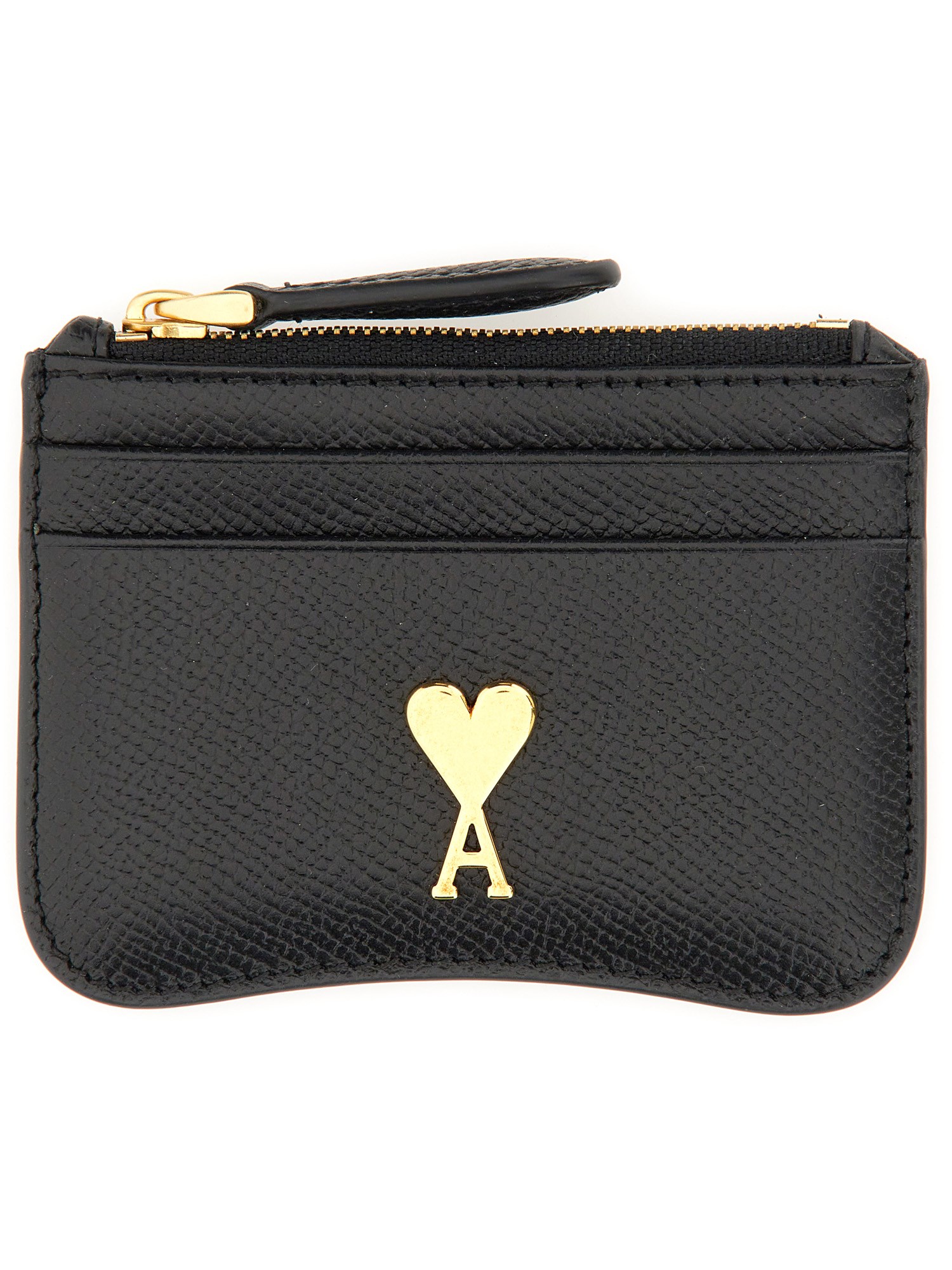 AMI PARIS    ZIPPERED LEATHER CARD CASE AMI DE COEUR