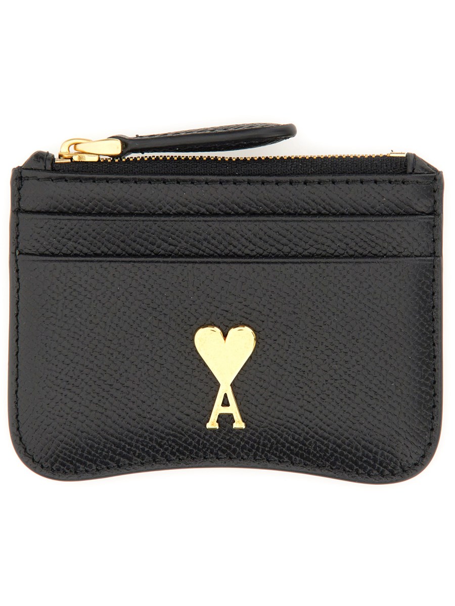 AMI PARIS    ZIPPERED LEATHER CARD CASE AMI DE COEUR