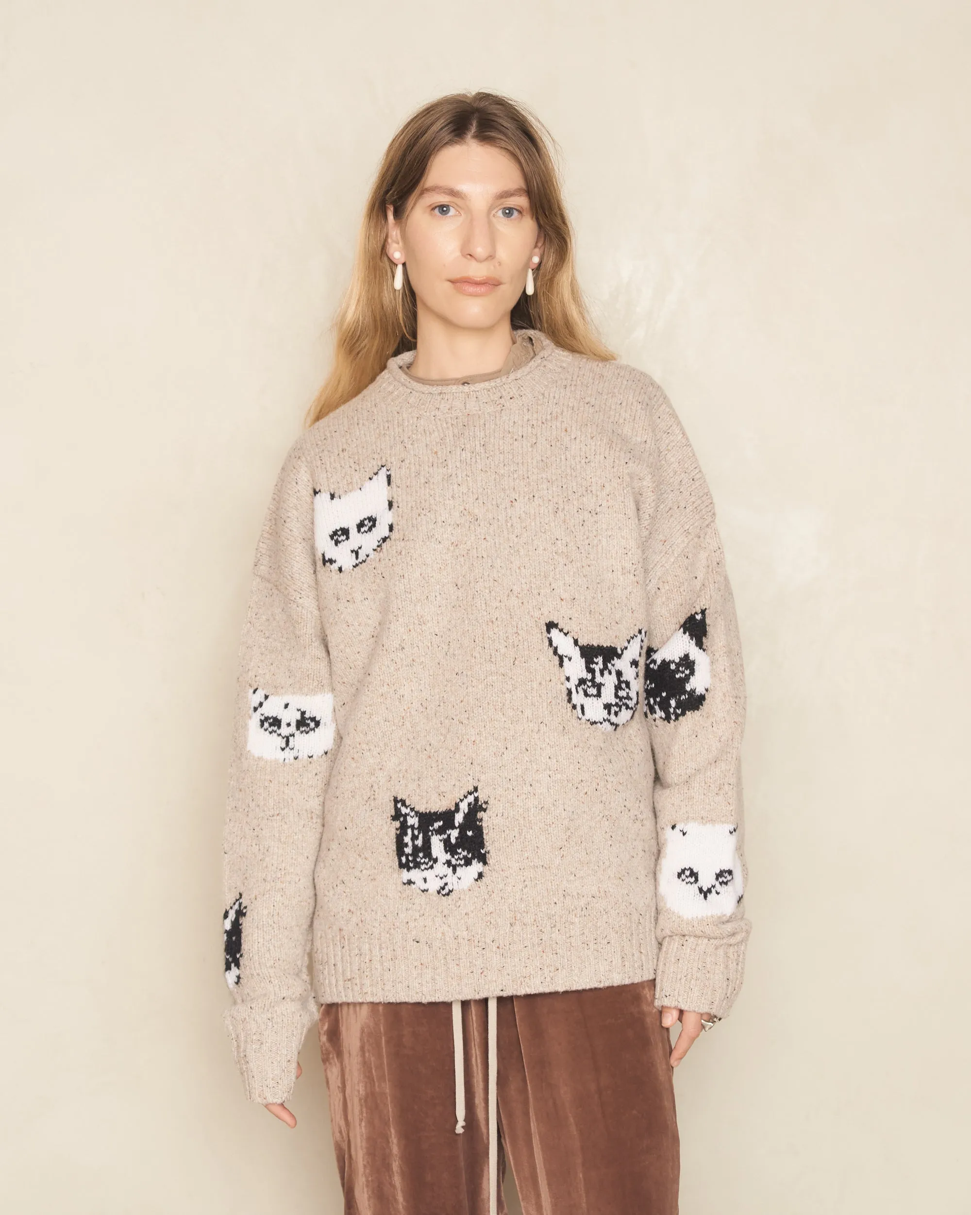 Beige Printed Cat Knit Sweater