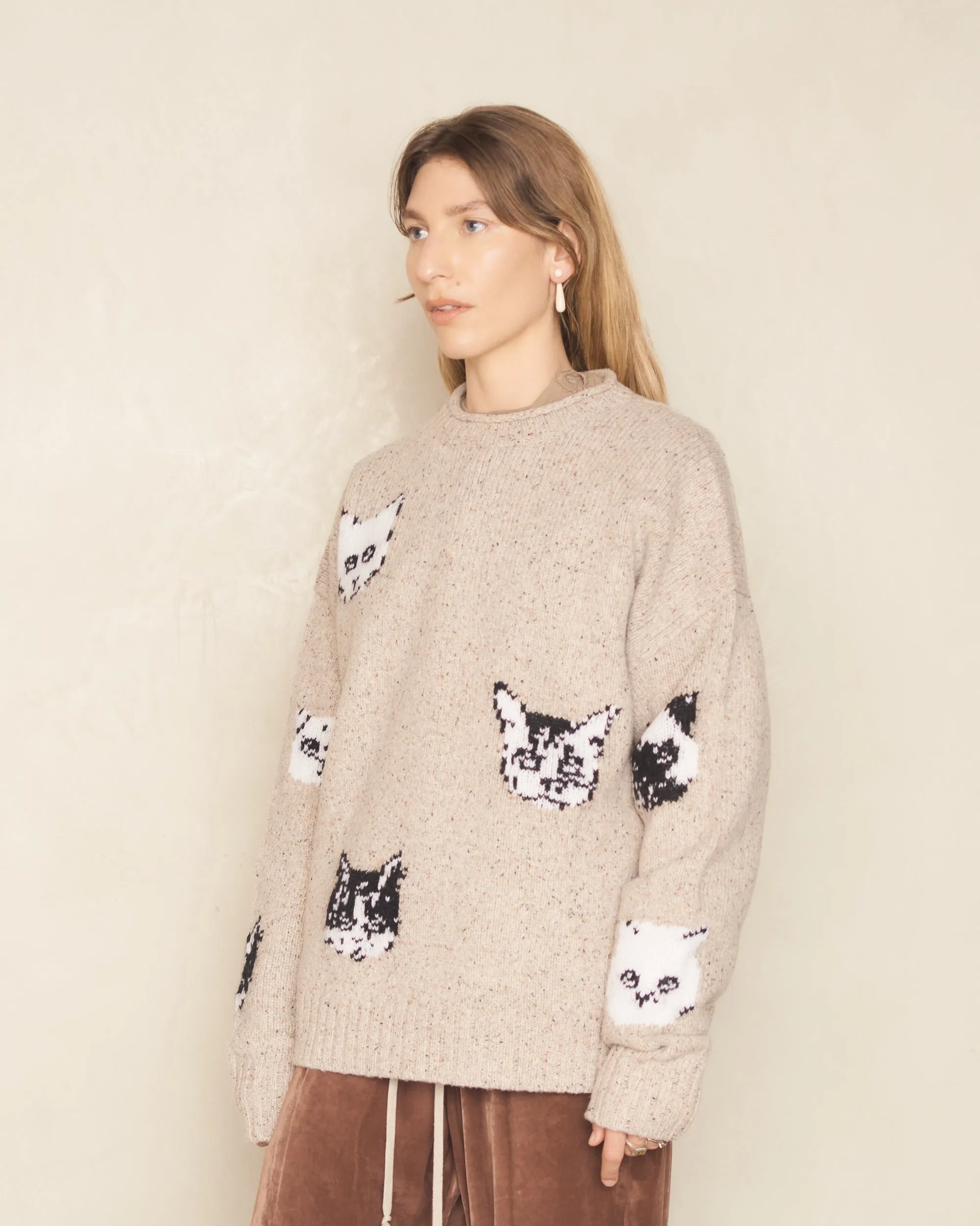 Beige Printed Cat Knit Sweater