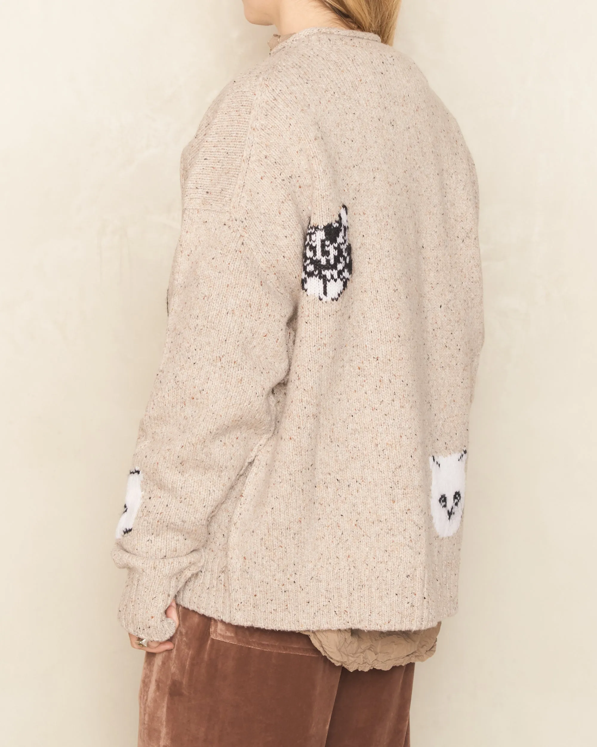 Beige Printed Cat Knit Sweater