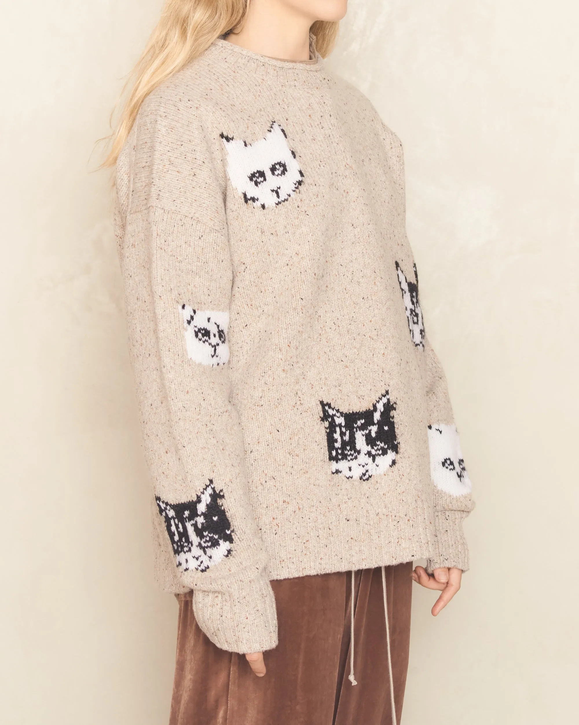 Beige Printed Cat Knit Sweater