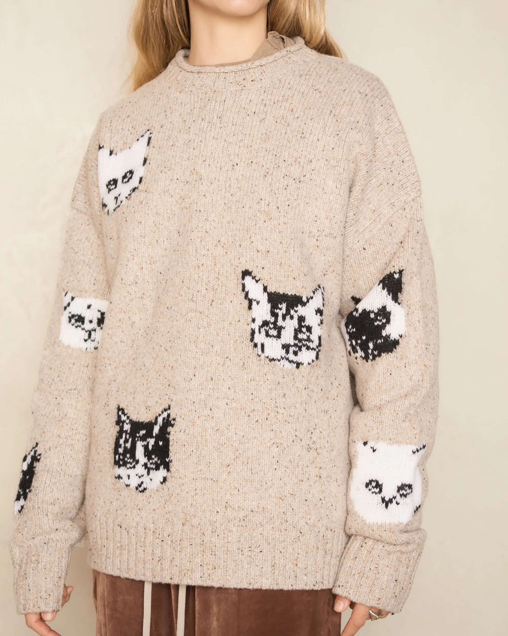 Beige Printed Cat Knit Sweater