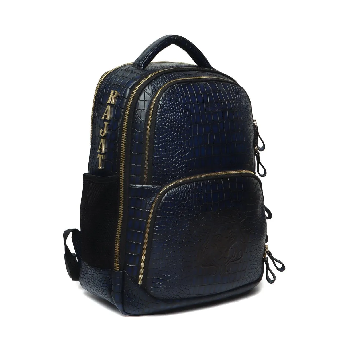 Bespoke Blue Deep Cut Leather 'RAJAT' Metal Initials Backpack by Brune & Bareskin