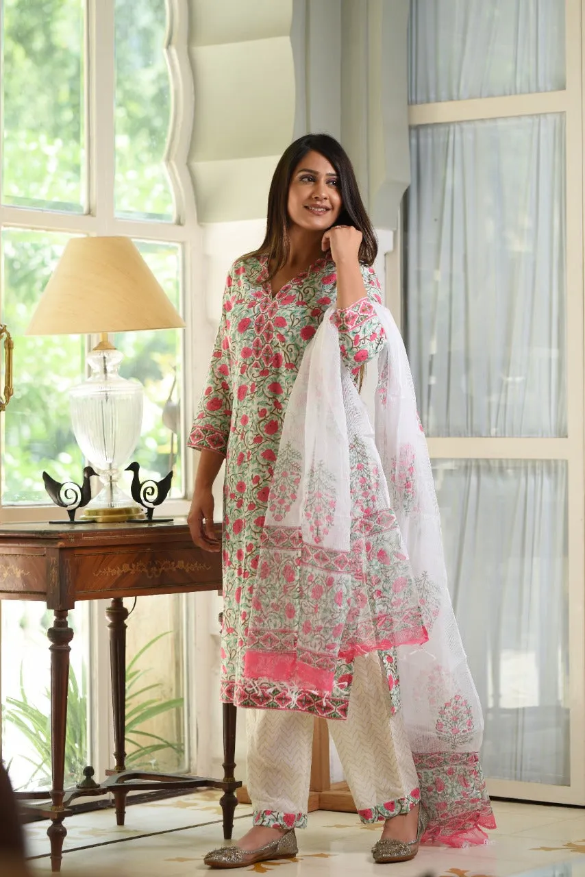 Blooming Floral Hand Block Print cotton Suit Set with Kota Doria Dupatta (CSS17KD)