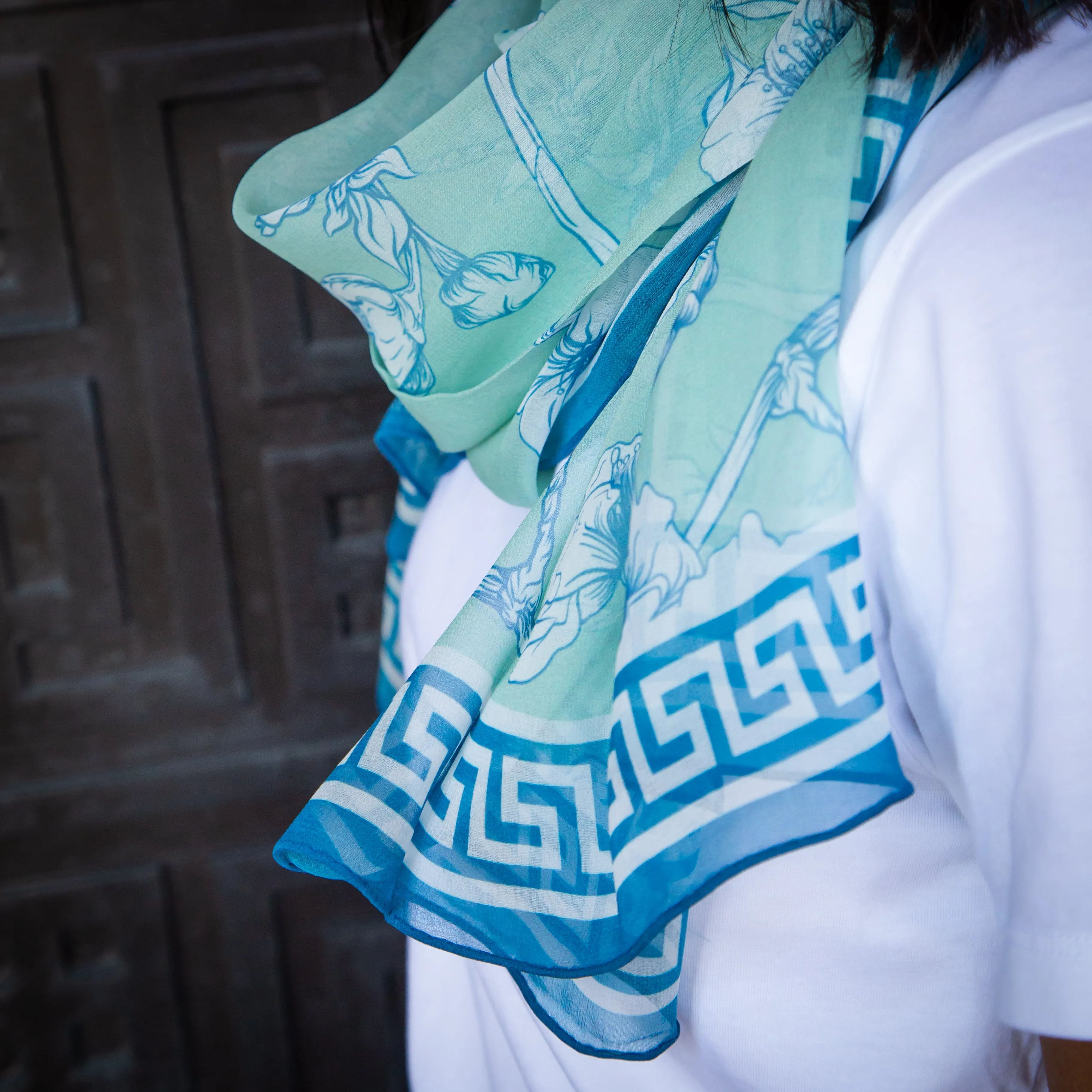 Blue Sakura Chiffon Silk Scarf