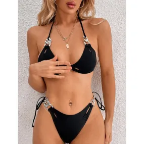 Brazilian Style Solid Color Metal Decor Wirefree Low Waist Bikini Set Swimsuit