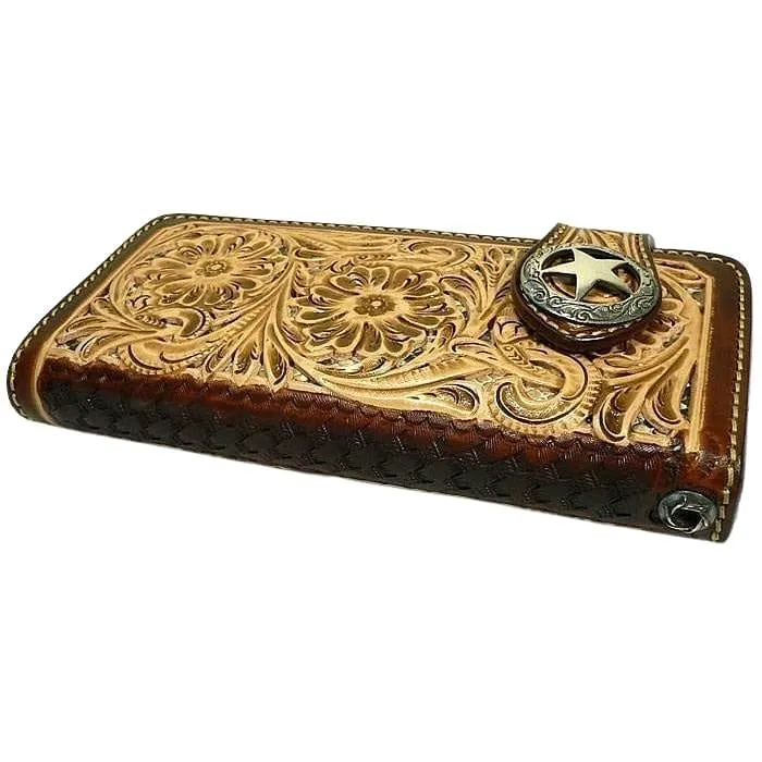 Brown Floral Star Western Cowboy Genuine Leather Biker Wallet