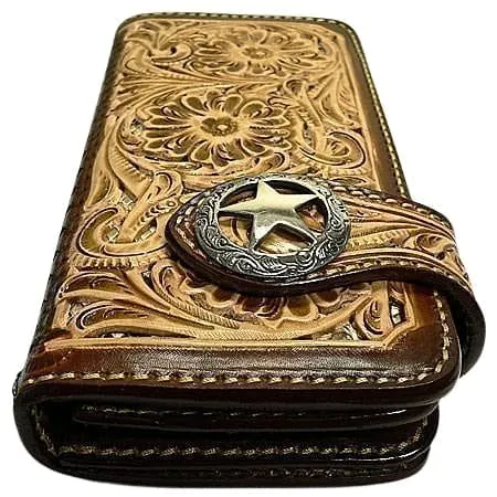 Brown Floral Star Western Cowboy Genuine Leather Biker Wallet