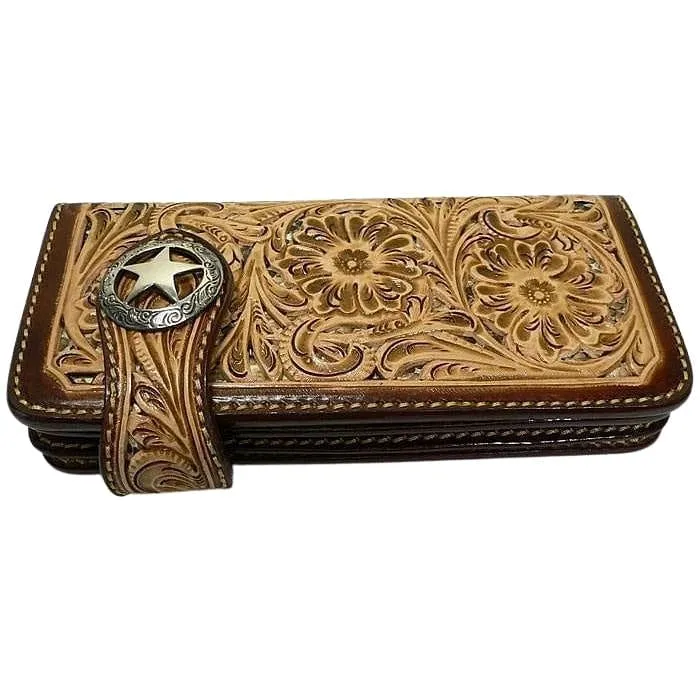 Brown Floral Star Western Cowboy Genuine Leather Biker Wallet