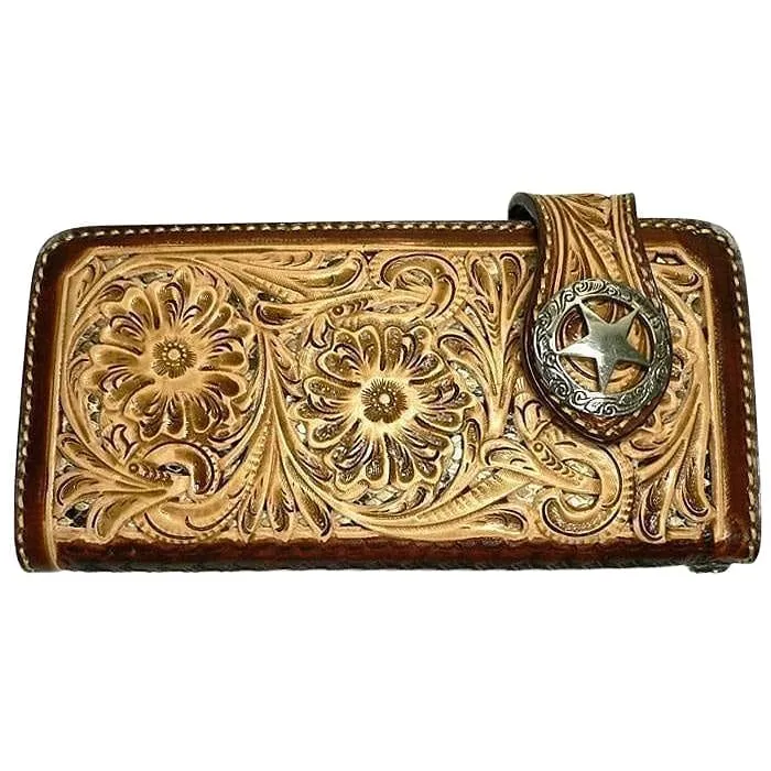 Brown Floral Star Western Cowboy Genuine Leather Biker Wallet