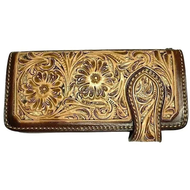 Brown Floral Star Western Cowboy Genuine Leather Biker Wallet