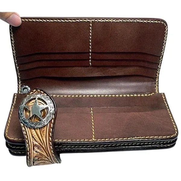 Brown Floral Star Western Cowboy Genuine Leather Biker Wallet