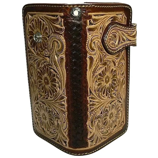 Brown Floral Star Western Cowboy Genuine Leather Biker Wallet