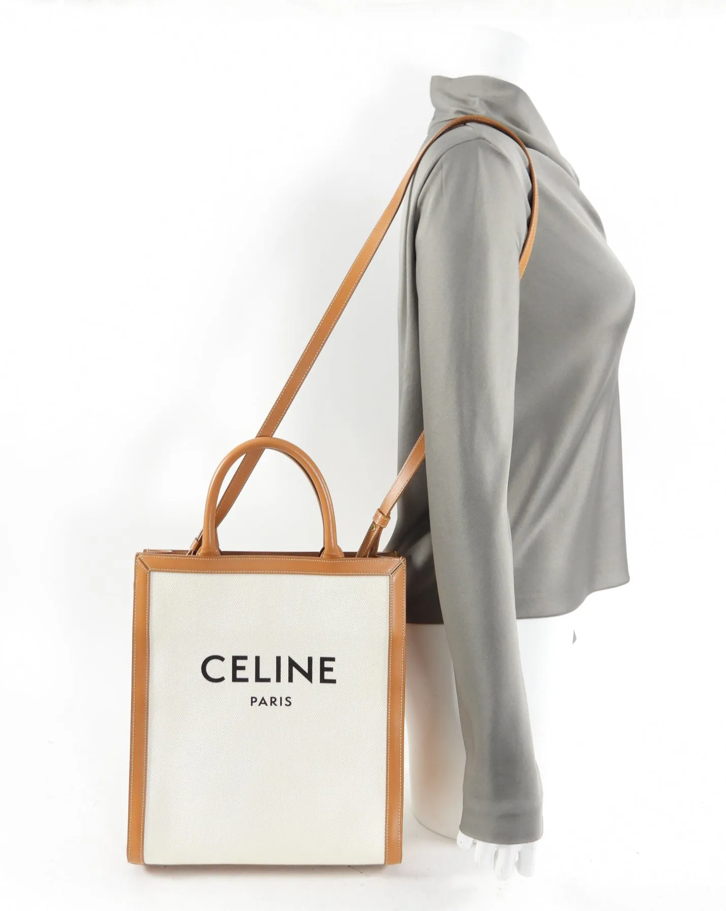 Celine Vertical Canvas and Tan Leather Logo Cabas Tote Bag