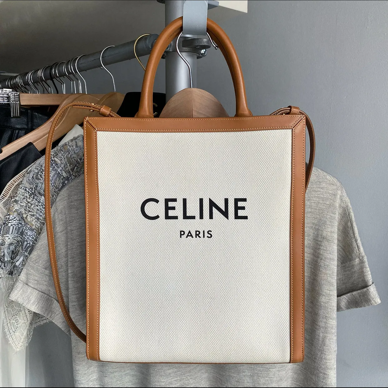 Celine Vertical Canvas and Tan Leather Logo Cabas Tote Bag