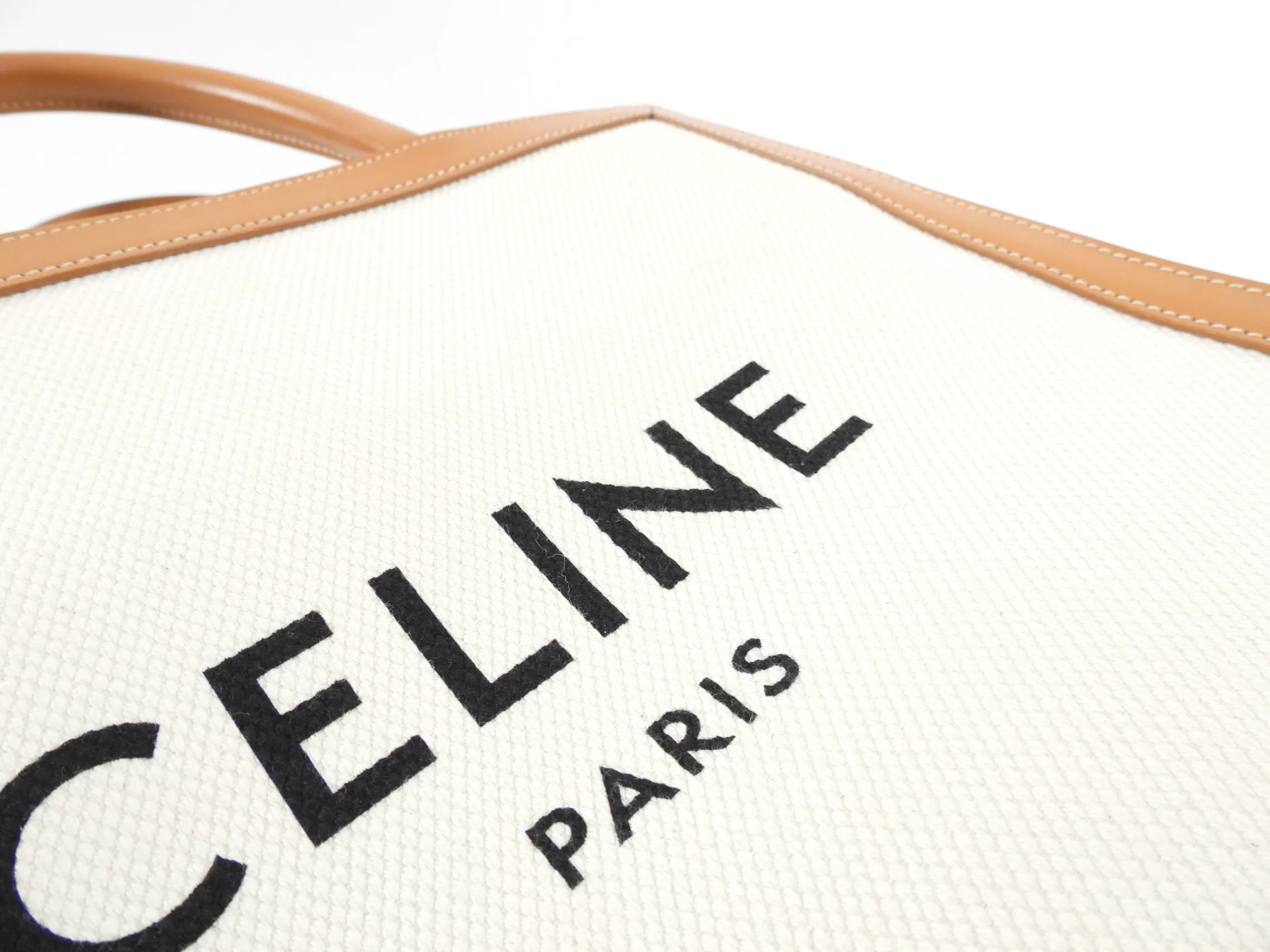 Celine Vertical Canvas and Tan Leather Logo Cabas Tote Bag