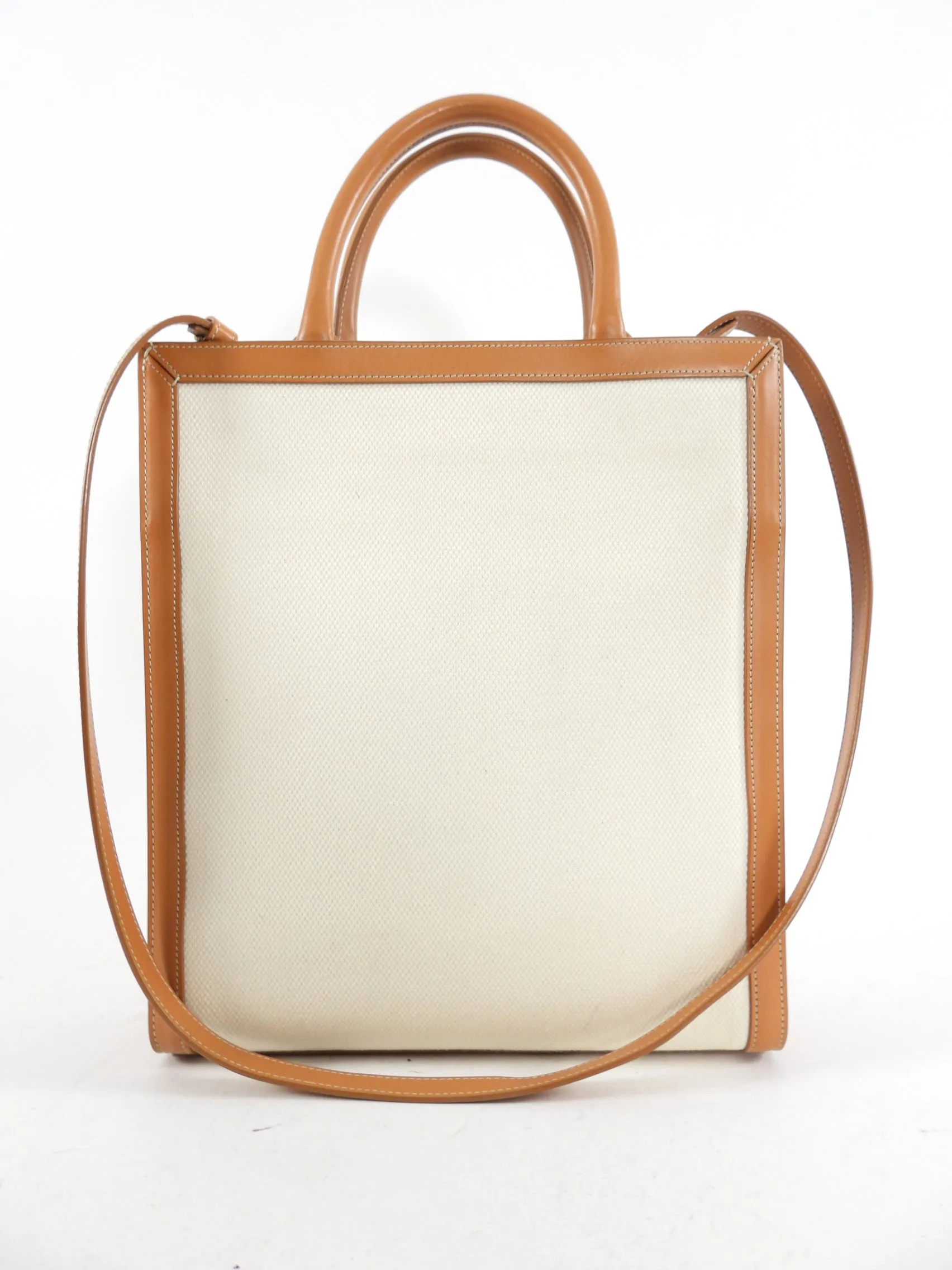 Celine Vertical Canvas and Tan Leather Logo Cabas Tote Bag