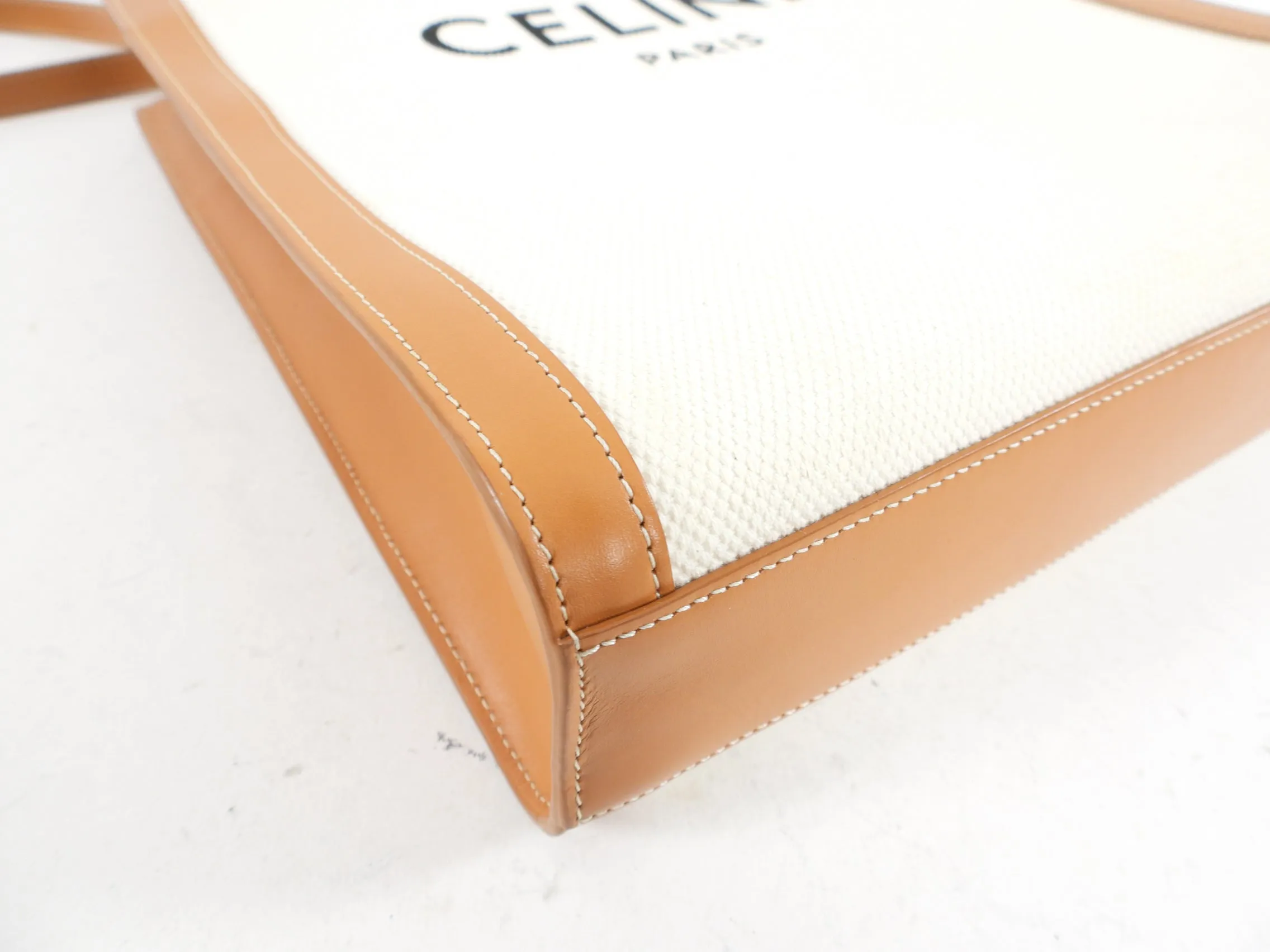 Celine Vertical Canvas and Tan Leather Logo Cabas Tote Bag