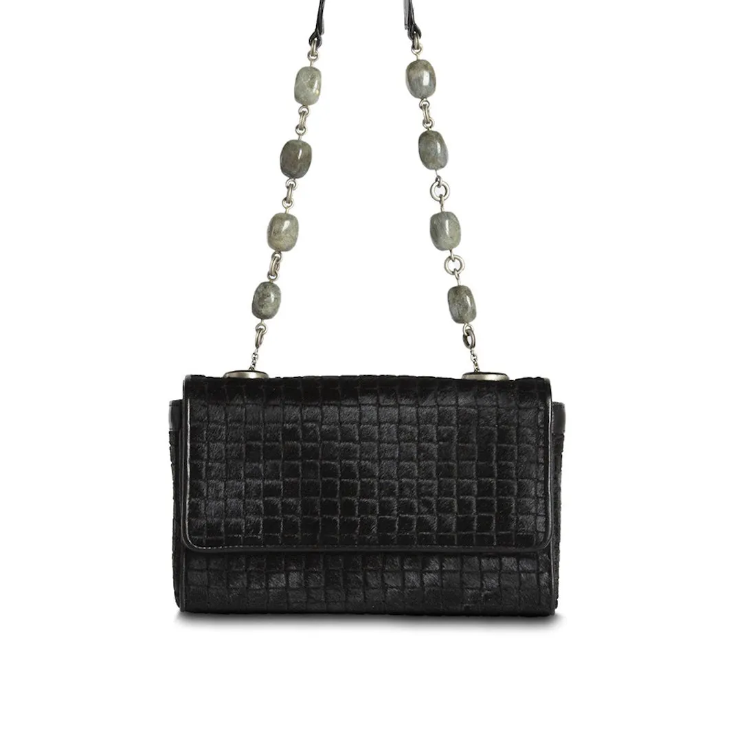 Chain & Jewel Shoulder Bag, Mini - Black Embossed Haircalf