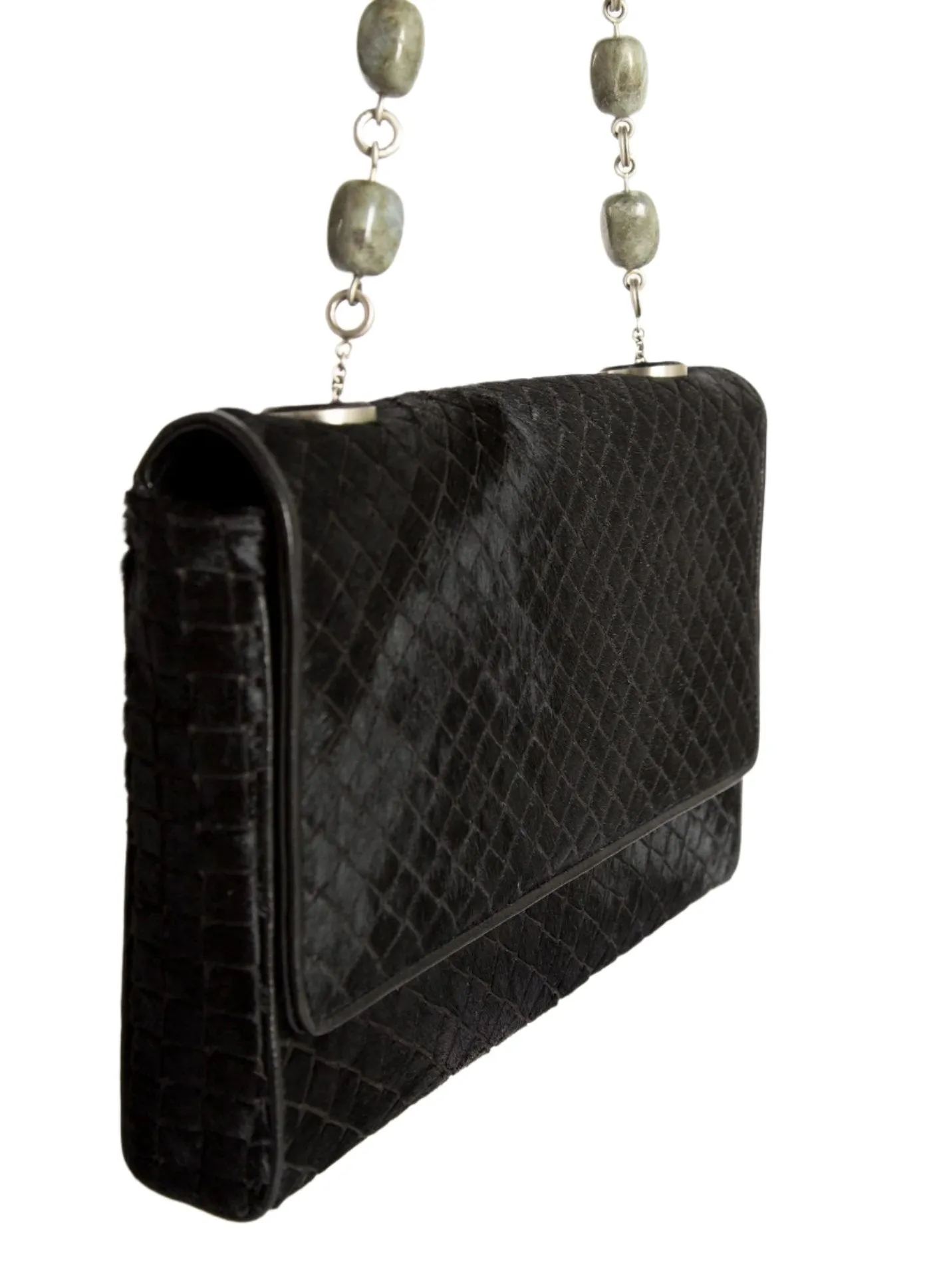 Chain & Jewel Shoulder Bag, Mini - Black Embossed Haircalf