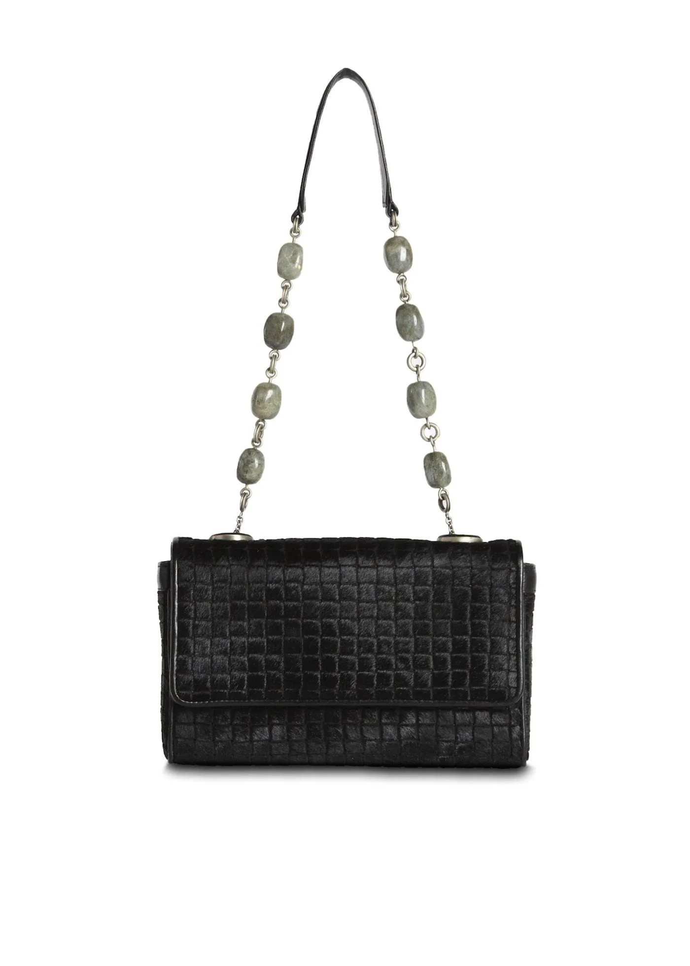 Chain & Jewel Shoulder Bag, Mini - Black Embossed Haircalf