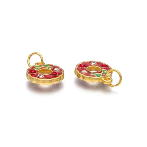 Charms, Christmas Wreath, Rhinestones, Gold Plated, Red, Green, Enamel, 18mm