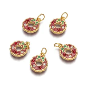 Charms, Christmas Wreath, Rhinestones, Gold Plated, Red, Green, Enamel, 18mm