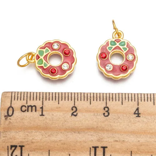 Charms, Christmas Wreath, Rhinestones, Gold Plated, Red, Green, Enamel, 18mm