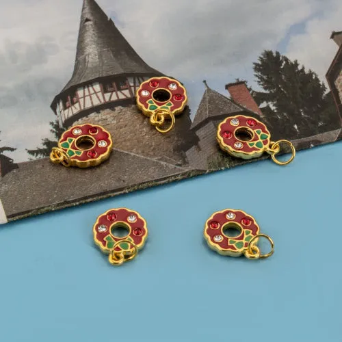 Charms, Christmas Wreath, Rhinestones, Gold Plated, Red, Green, Enamel, 18mm