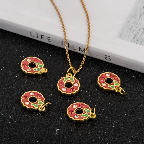 Charms, Christmas Wreath, Rhinestones, Gold Plated, Red, Green, Enamel, 18mm