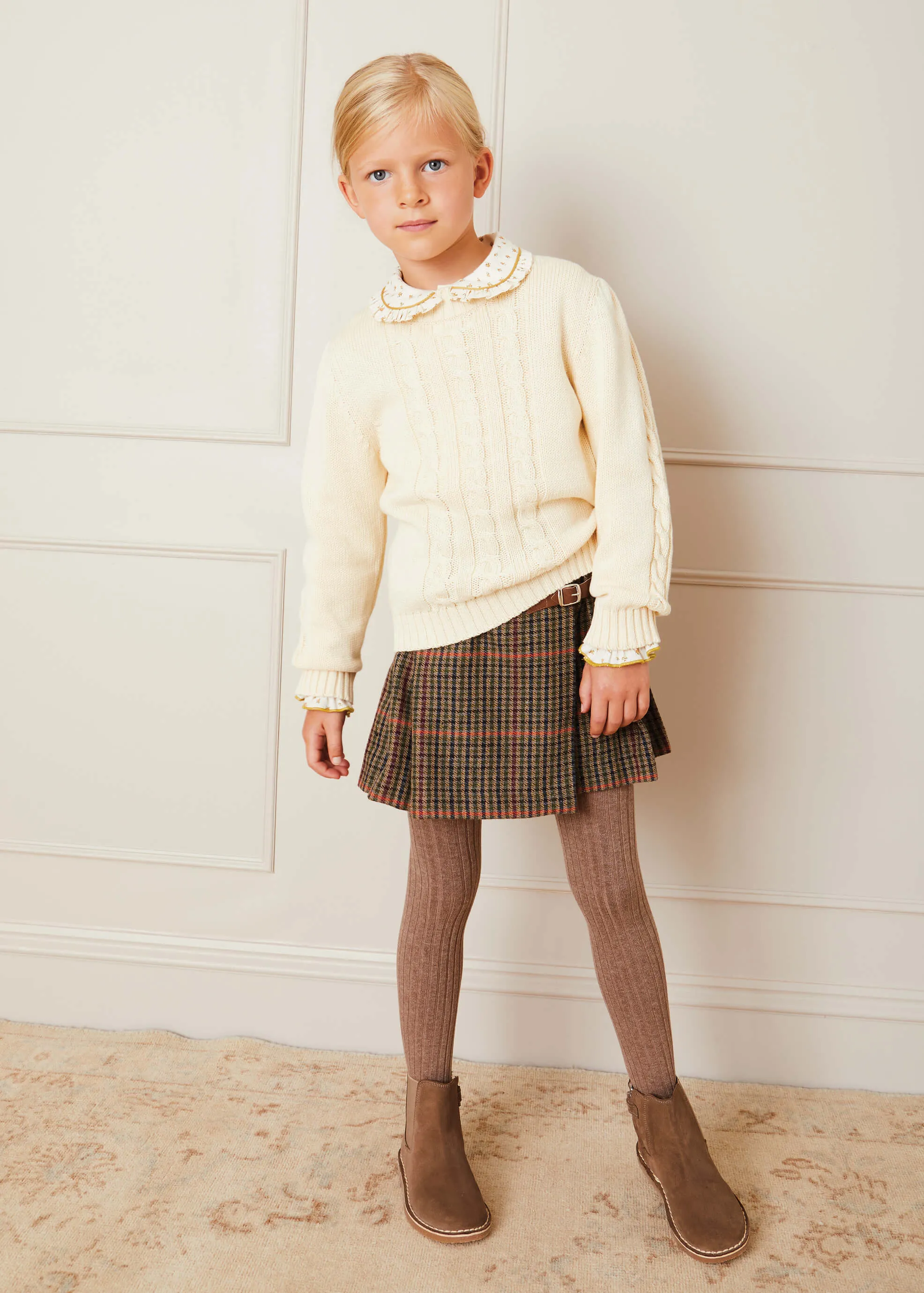 Checked Tweed Pleated Leather Buckled Kilt in Brown (2-10yrs)