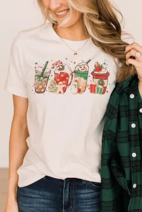 Christmas Coffee Cups Graphic Tee- Cream