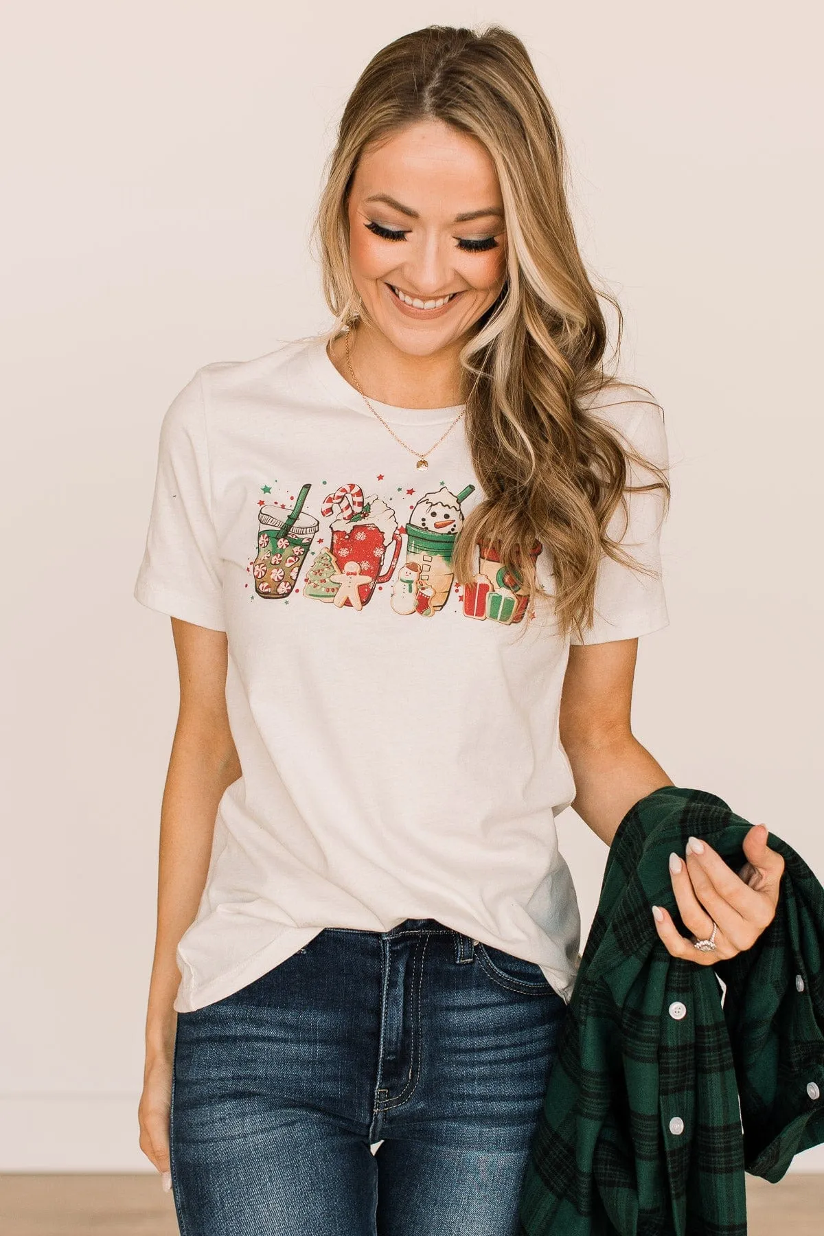 Christmas Coffee Cups Graphic Tee- Cream