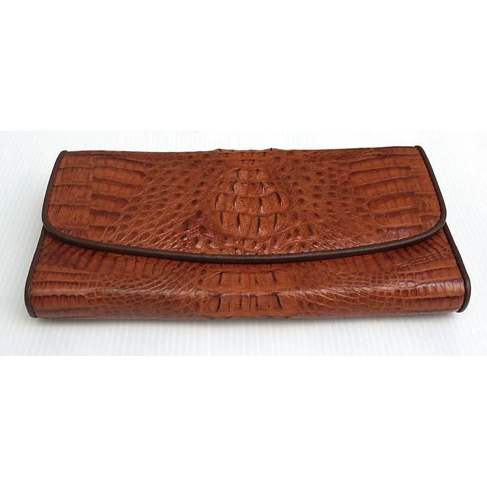 Cognac Brown Genuine Crocodile Trifold Wallet