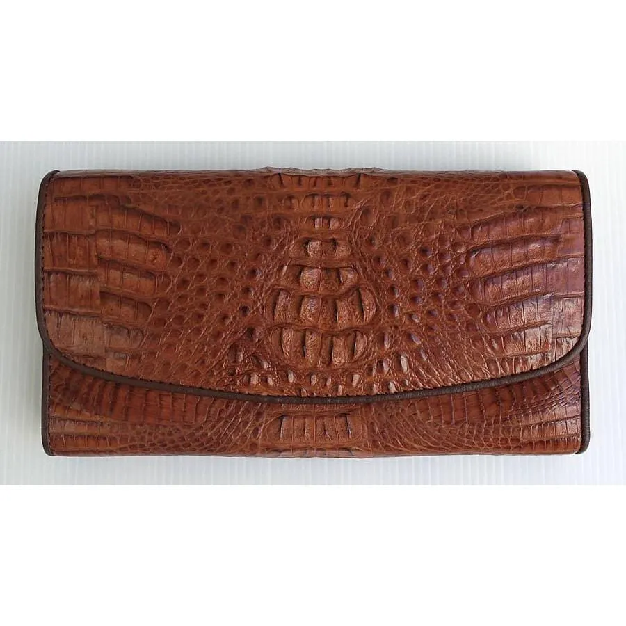 Cognac Brown Genuine Crocodile Trifold Wallet