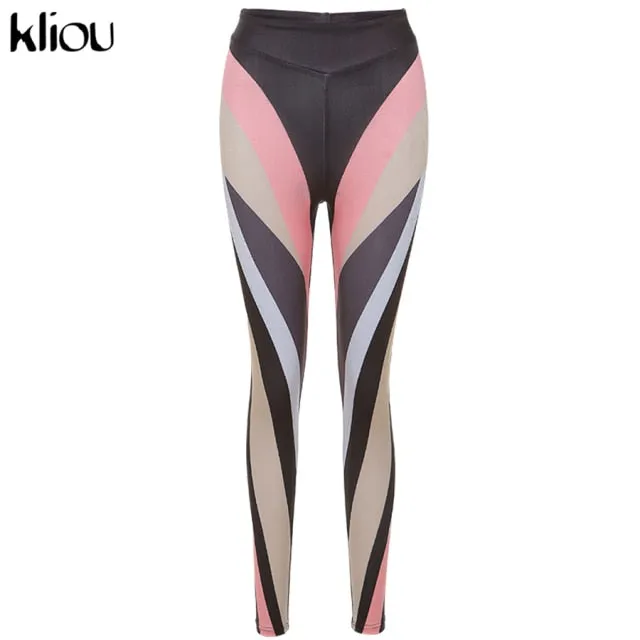 Color Blocking Women Leggings High Waist Stretchy Skinny Color pant