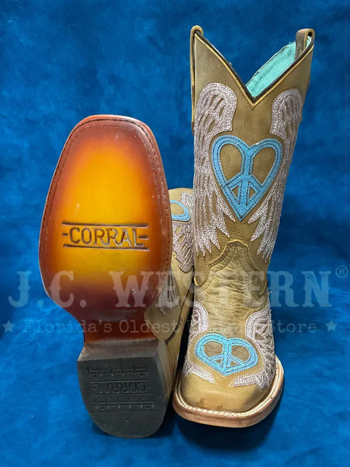 Corral T0145 Teen Glitter Heart And Wings Square Toe Boot Brown Tan