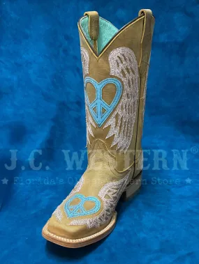 Corral T0145 Teen Glitter Heart And Wings Square Toe Boot Brown Tan