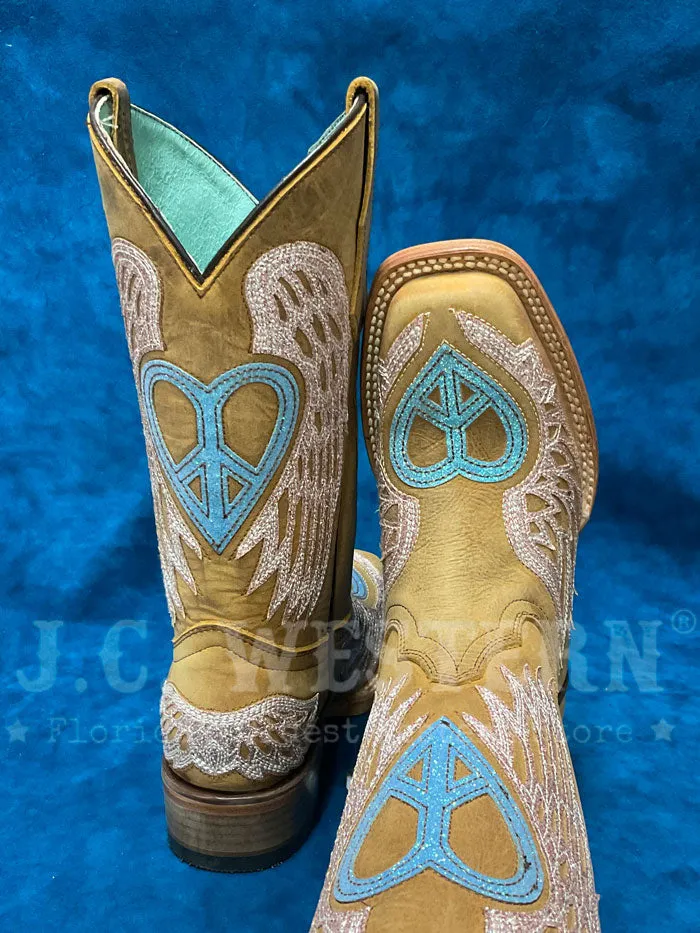 Corral T0145 Teen Glitter Heart And Wings Square Toe Boot Brown Tan