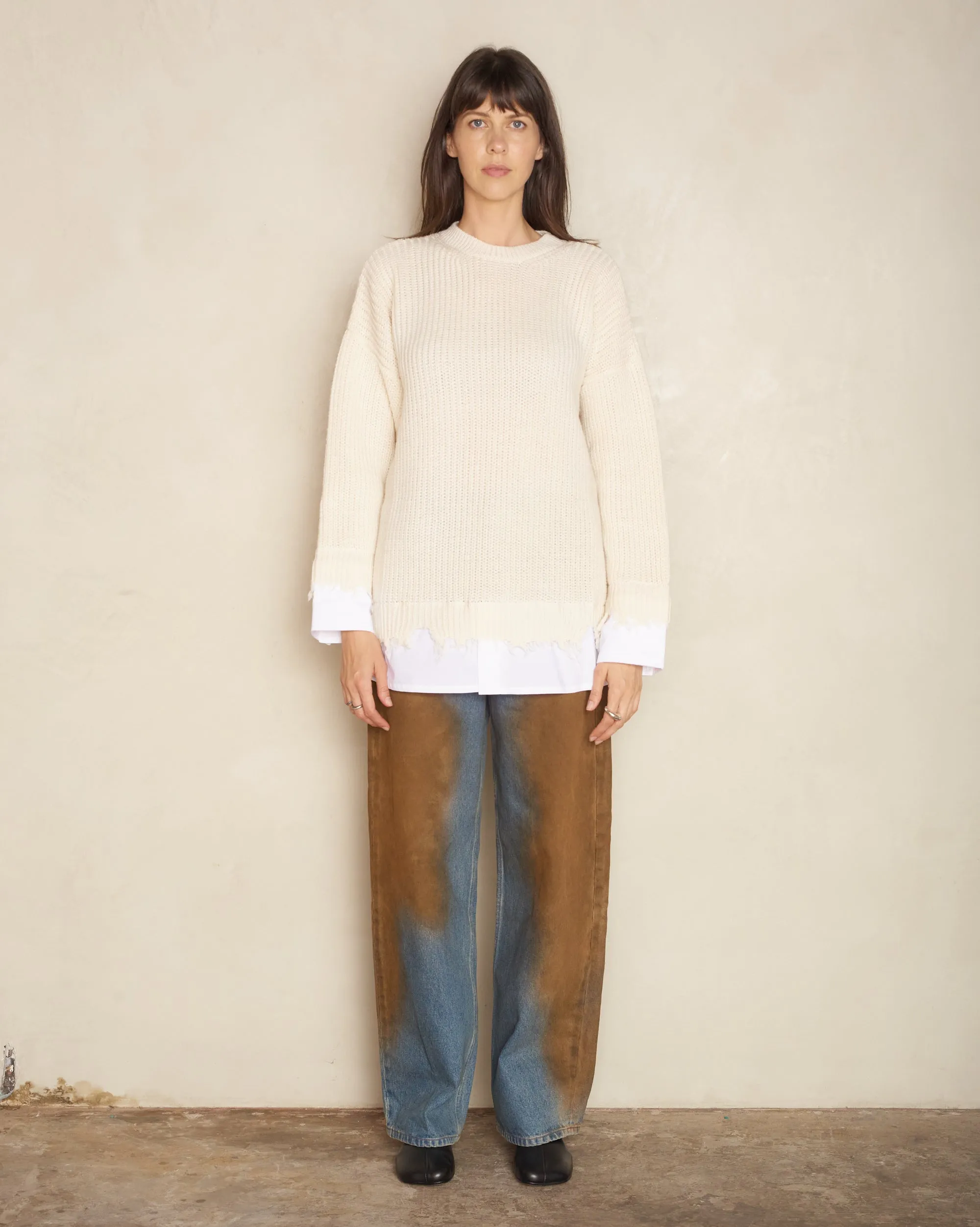 Cream Frayed Hem Knit Sweater