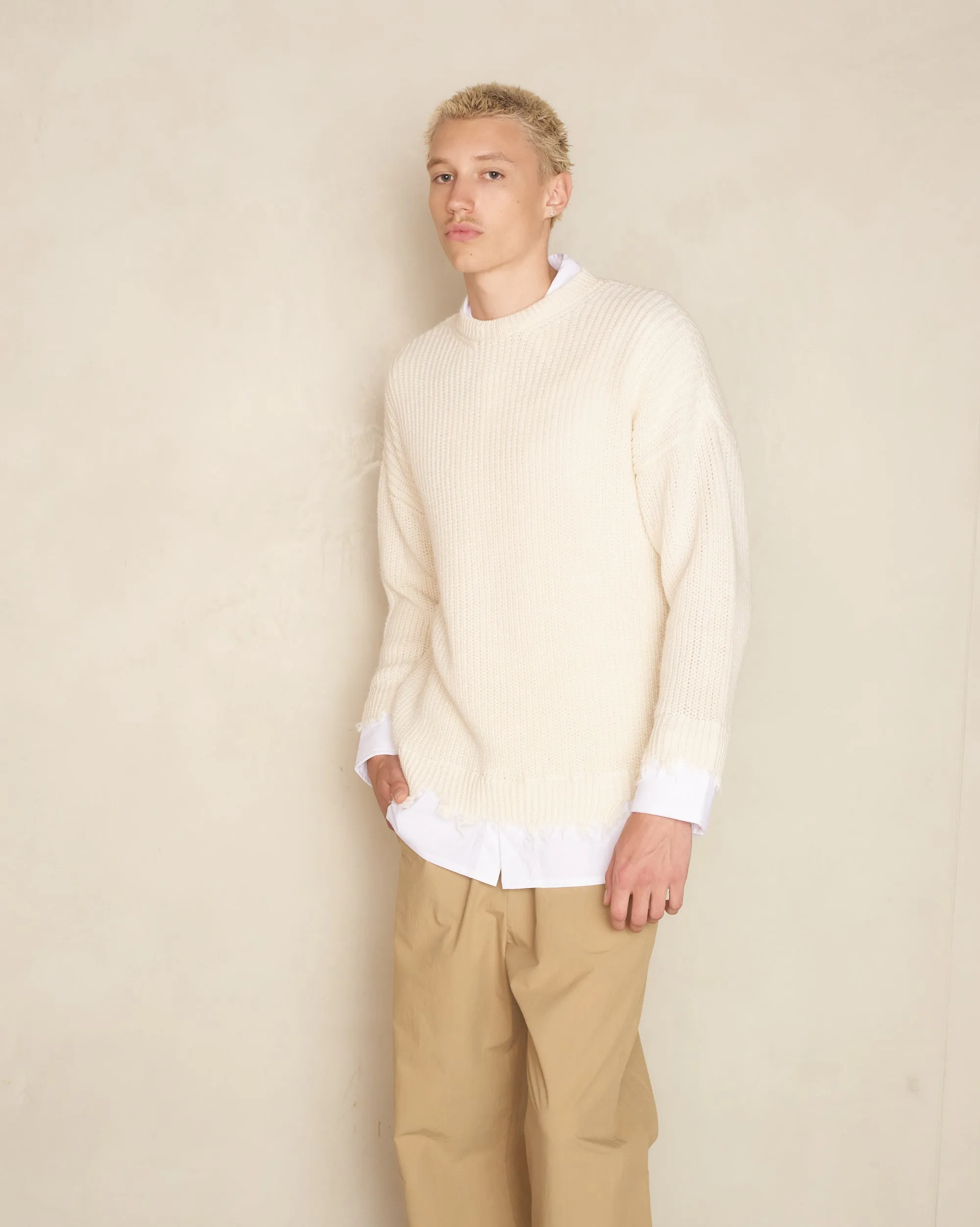 Cream Frayed Hem Knit Sweater